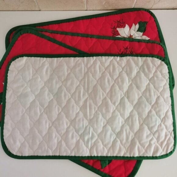 Vintage Christmas Poinsettia Fabric Placemats Set of 4, 12"x19" Holiday Table - Picture 3 of 8